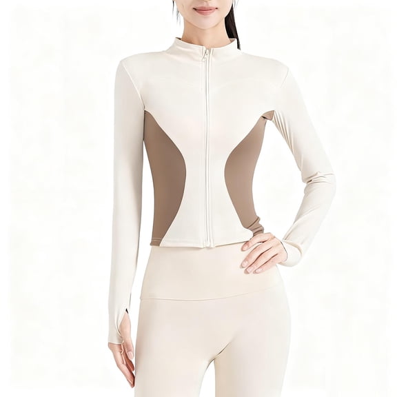 Yoga Jackets For Women Full Zip Stand Collar Long Sleeve Color Block Outwear Casual Sport Outfits Slim Fit (XL, Beige)