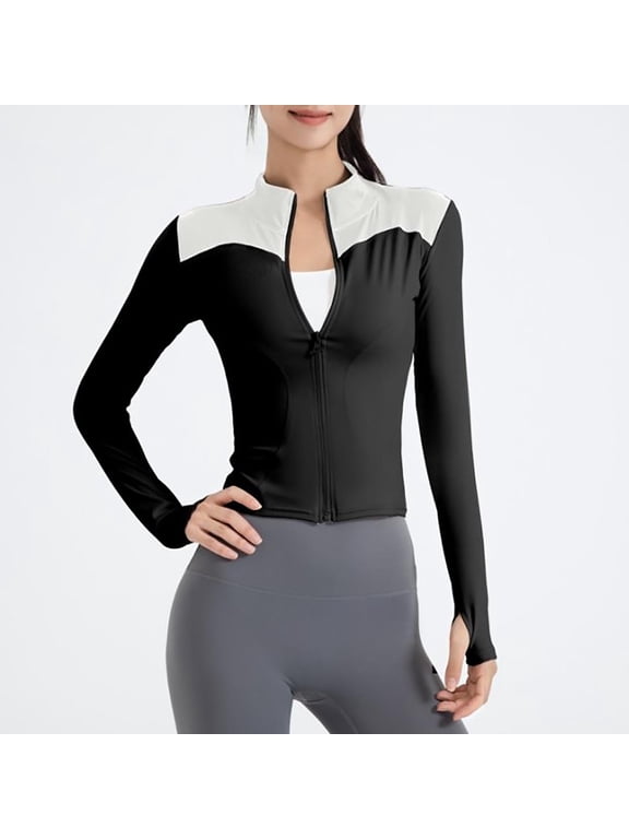 Yoga Jackets Womens Full Zip Slim Fitted Color Block Athletic Workout Tops with Thumb Holes Sports Track Clothes (L, Black 01)