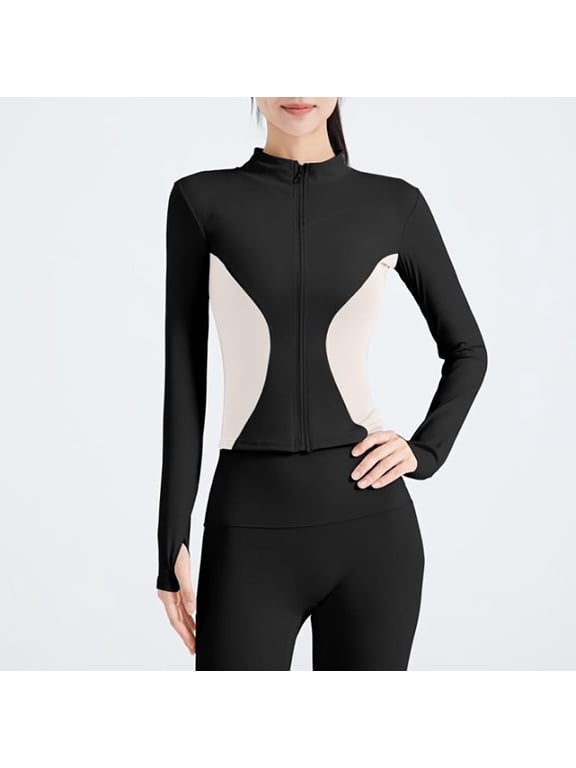 Yoga Jackets Womens Full Zip Slim Fitted Color Block Athletic Workout Tops with Thumb Holes Sports Track Clothes (L, Black)