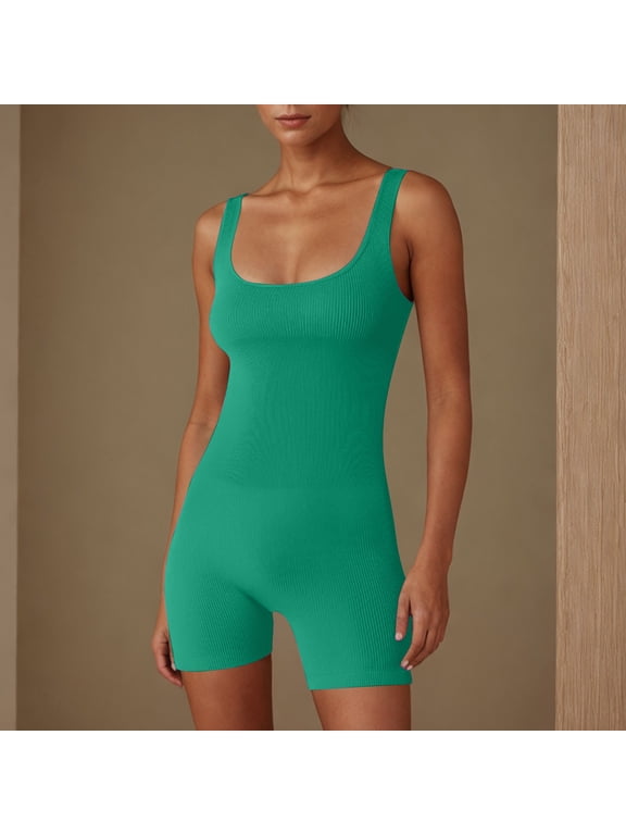 Yoga Jumpsuits for Women Seamless Workout Romper Womens Ribbed Sleeveless Squares Neck Bodycon Jumpsuit, Stretchy Yoga Bodysuit for Gym Casual Active Wear Green M