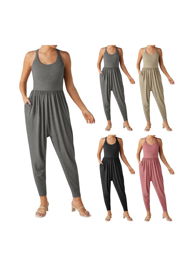 Yoga Jumpsuits for Women Backless Twisted U Neck Side Pocket Harem Casual Gym Workout Jumper One Piece Outfits Gray M