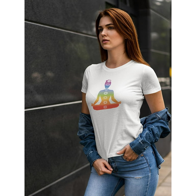 Yoga Lady Rainbow Chakra Symbols T-Shirt Women -Image by Shutterstock, Female  Small 