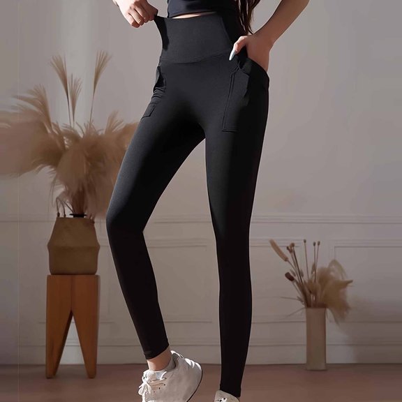 Yoga Leggings For Women High Waist Hiden Belly Slim Fit Slimming Trousers Sports Fitness Outfits With Pockets (M, Black)