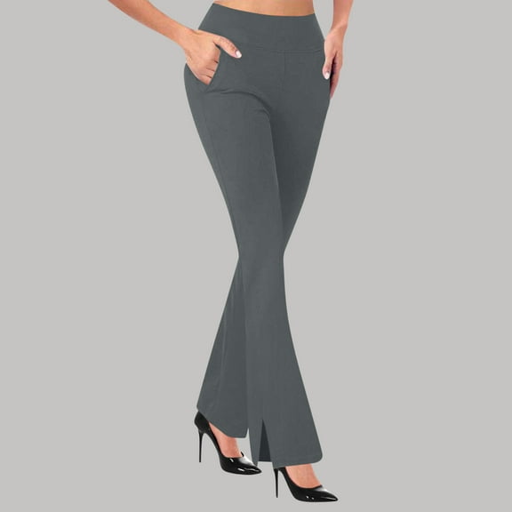 Yoga Leggings for Women,Casual Solid Color Fashion Elastic Waist Button Side Tight-Fitting Plus Size Leggings Long Pants with Pockets Gray L