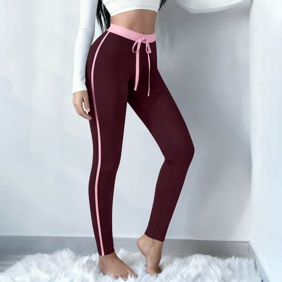 Yoga Leggings for Women, High Waist Elastic Drawstring Slim Trousers, Side Striped Casual Jogger Gym Sport Pants