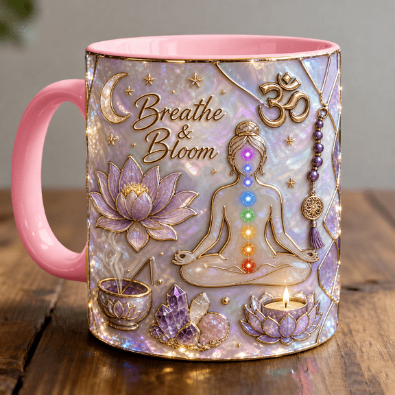 Yoga Lover Mug 3D Effect, Breathe & Bloom Lotus Om Meditation Gift
