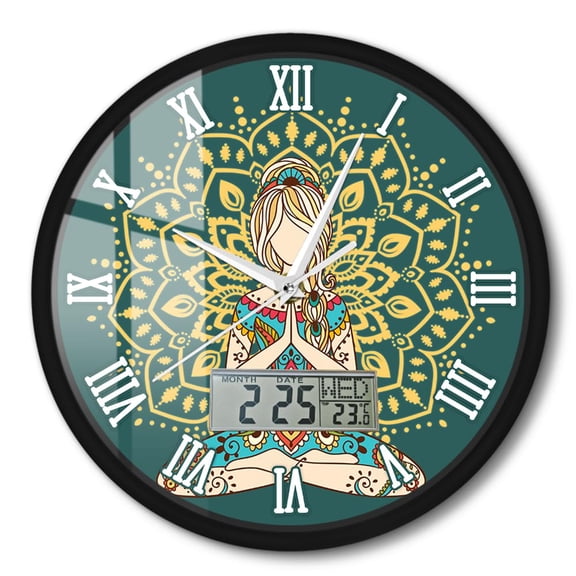 Yoga Mandala Girl 6. Wall Clock with Built-in LCD Dispaly Temperature Calendar Date Week Zen Decor