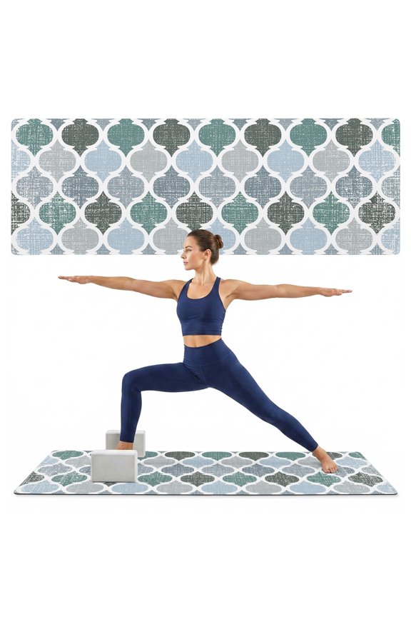 Yoga Mat Abstract Geometric Morocco Pattern Yoga Mats with Strap & Shortage Bag Non Slip Workout Mats Absorbent Cushion Pad Vintage Green Blue Exercise Mat for Yoga Pilates Home Gym 68"x24"