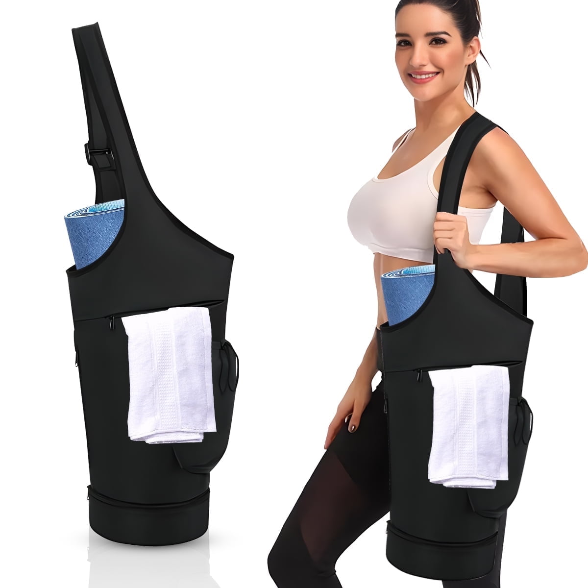 Yoga Mat Bag Carrier Holder Bag with Wet Pocket and Water Bottle Pocket Adjustable Shoulder Strap Large Deep Storage Bag Black