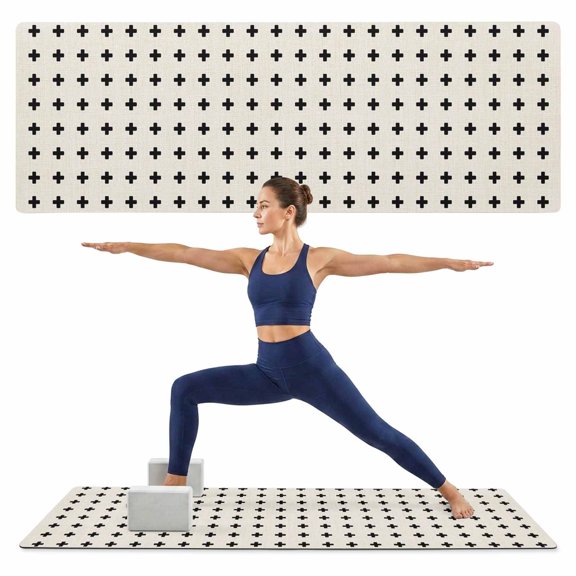 Yoga Mat Beige Small Crosses Icons Yoga Mats with Strap & Shortage Bag Non Slip Workout Mats Absorbent Cushion Pad Dotted Matrix Grid Exercise Mat for Yoga Pilates Stretching Home Gym 72"x32"