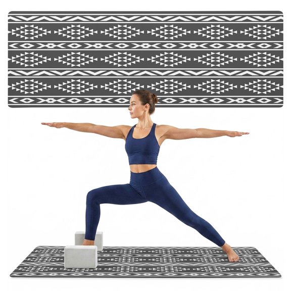 Yoga Mat Black Tribal Geometric Yoga Mats with Strap & Shortage Bag Non Slip Workout Mats Absorbent Cushion Pad Abstract Boho Ethnic Exercise Mat for Yoga Pilates Stretching Home Gym 72"x32"