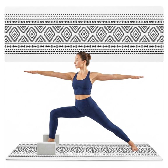 Yoga Mat Black White Boho Yoga Mats with Strap & Shortage Bag Non Slip Workout Mats Absorbent Cushion Pad Geometric Tribe Bohemian Style Exercise Mat for Yoga Pilates Stretching Home Gym 72"x32"