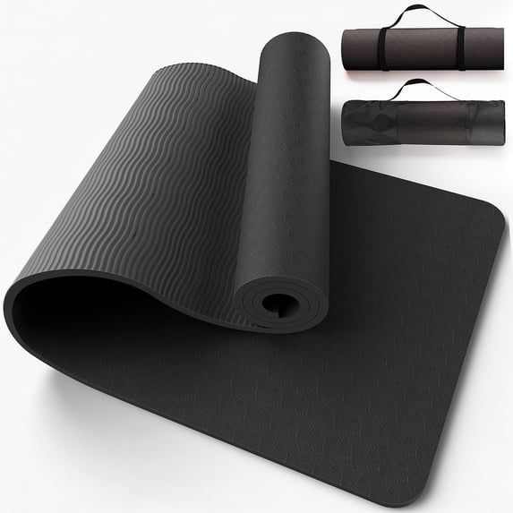 Yoga Mat with Strap, Non-Slip Pilates Exercise Mat, Tear-Resistant, 72" x 24", Black