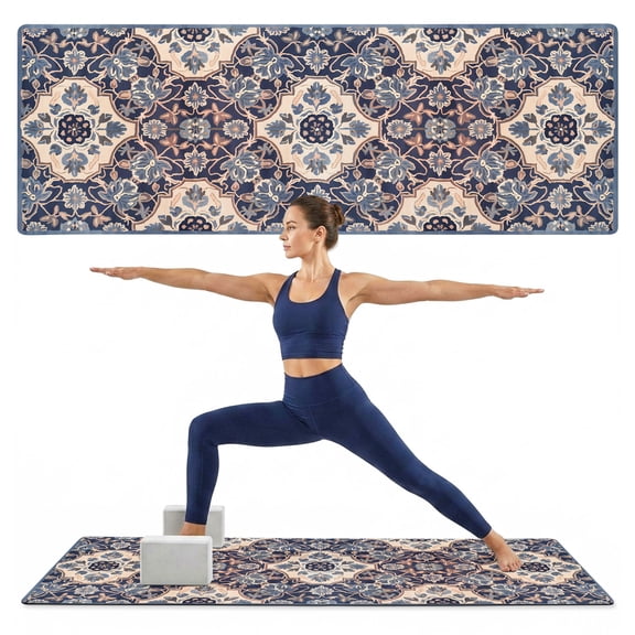 Yoga Mat Blue Bohemian Yoga Mats with Strap & Shortage Bag Non Slip Workout Mats Absorbent Cushion Pad Boho Southwest Tribe Exercise Mat for Yoga Pilates Stretching Floor Exercises Home Gym 72"x32"