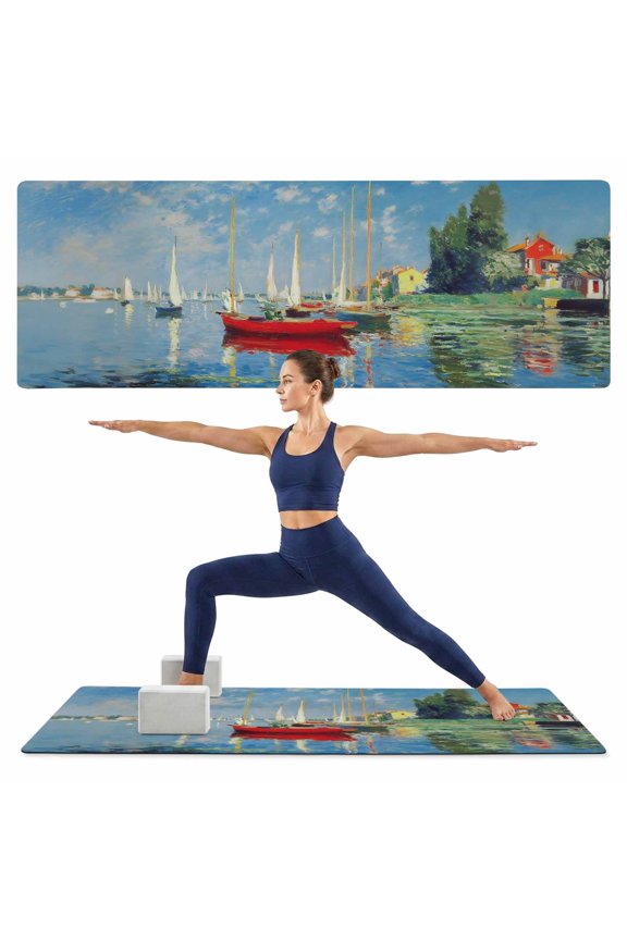 Yoga Mat Blue Cloud Sky Yoga Mats with Strap & Shortage Bag Non Slip Workout Mats Absorbent Cushion Pad Red Boat Coastal Oil Painting Exercise Mat for Yoga Pilates Stretching Home Gym 68"x24"