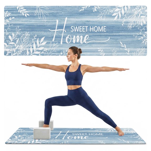 Yoga Mat Blue Wood Grain Yoga Mats with Strap & Shortage Bag Non Slip Workout Mats Absorbent Cushion Pad Leaves Home Sweet Home Exercise Mat for Yoga Pilates Stretching Home Gym 68"x24"