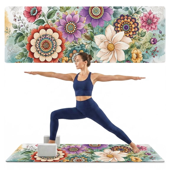 Yoga Mat Boho Bloom Floral Yoga Mats with Strap & Shortage Bag Non Slip Workout Mats Absorbent Cushion Pad Pony Dahlias Mandalas Flower Exercise Mat for Yoga Pilates Stretching Home Gym 72"x24"