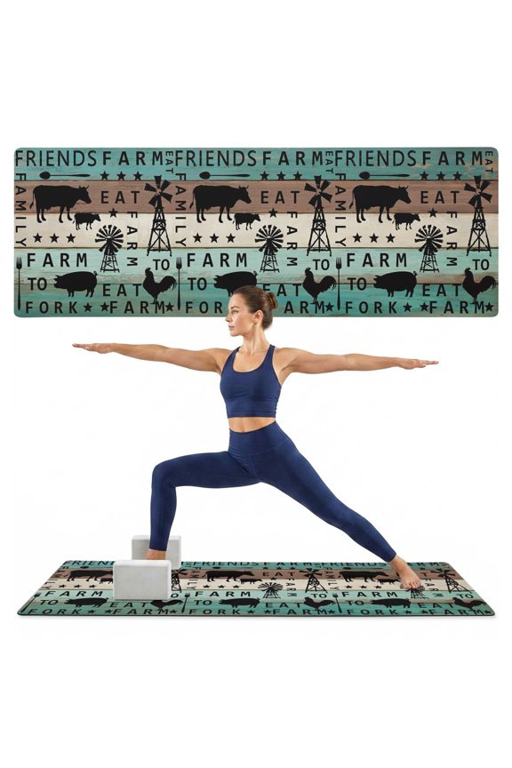 Yoga Mat Chicken Cow Pig Yoga Mats with Strap & Shortage Bag Non Slip Workout Mats Absorbent Cushion Pad Farmhouse Animal Windmills Teal Wood Exercise Mat for Yoga Pilates Home Gym 72"x32"