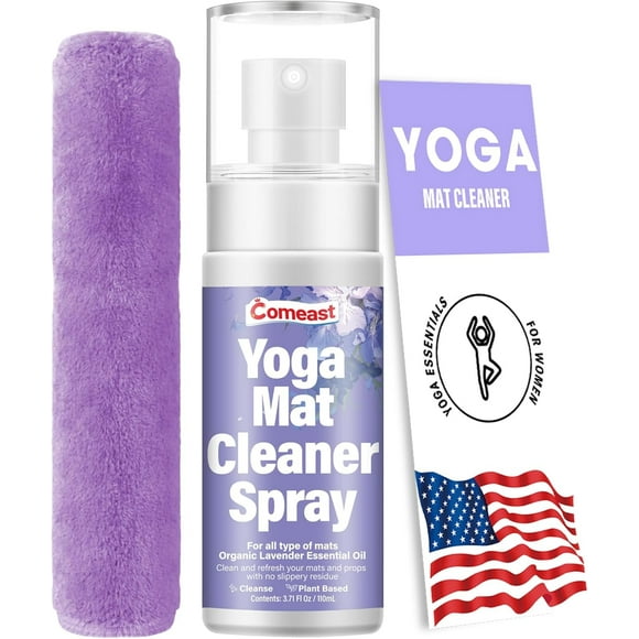 Yoga Mat Cleaner Spray (Peaceful Lavender), No Slippery Residue, Organic Essential Oils, Deep-Cleansing for Fitness Gear Gym Equipment for All Type Materials, Microfiber Towel Included, 3.71 fl oz