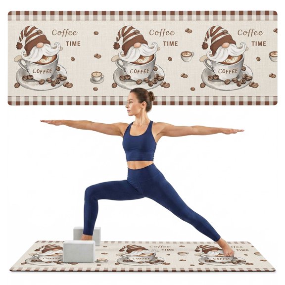 Yoga Mat Coffee Time Gnome Yoga Mats with Strap & Shortage Bag Non Slip Workout Mats Absorbent Cushion Pad Coffee Beans Brown Plaid Exercise Mat for Yoga Pilates Stretching Home Gym 68"x24"