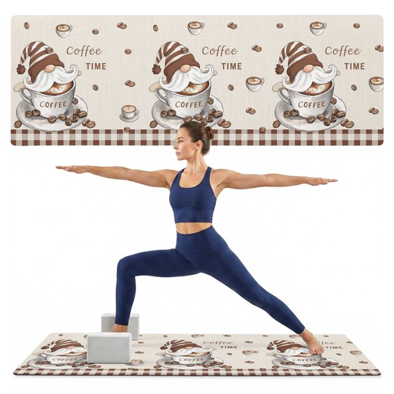 Yoga Mat Coffee Time Gnome Yoga Mats with Strap & Shortage Bag Non Slip Workout Mats Absorbent Cushion Pad Coffee Beans Buffalo Plaid Exercise Mat for Yoga Pilates Stretching Home Gym 72"x32"