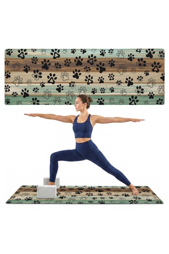Yoga Mat Dog Claw Paw Print Yoga Mats with Strap & Shortage Bag Non Slip Workout Mats Absorbent Cushion Pad Pet Green Brown Wood Grain Exercise Mat for Yoga Pilates Stretching Home Gym 68"x24"