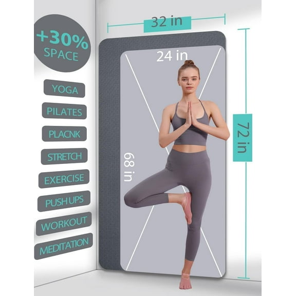 Yoga Mat Double-Sided Non Slip, 72'' x 32'' x 7mm - Extra Wide & Thick Yoga Mat for Women Men Kids, Professional TPE Yoga Mats for Home Workout, Yoga, Pilates and Floor Exercise, with Carrier Strap