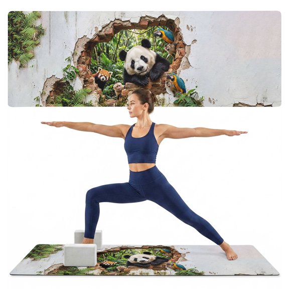 Yoga Mat Forest Animal Yoga Mats with Strap & Shortage Bag Non Slip Workout Mats Absorbent Cushion Pad Broken Wall Panda Parrot Monkey Raccoon Exercise Mat for Yoga Pilates Home Gym 72"x32"