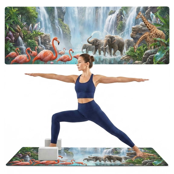 Yoga Mat Forest Animal Yoga Mats with Strap & Shortage Bag Non Slip Workout Mats Absorbent Cushion Pad Majestic Waterfall Elephant Flamigo Exercise Mat for Yoga Pilates Stretching Home Gym 72"x32"
