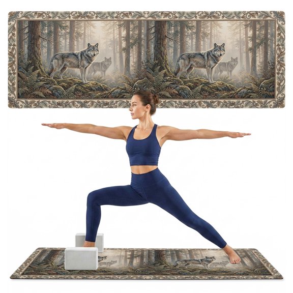Yoga Mat Forest Wolf Yoga Mats with Strap & Shortage Bag Non Slip Workout Mats Absorbent Cushion Pad Animal Sunlight Tree Leaves Exercise Mat for Yoga Pilates Stretching Home Gym 72"x32"