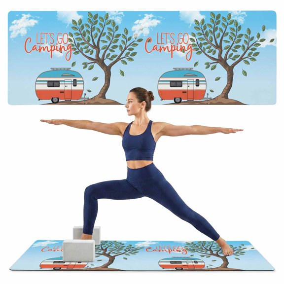 Yoga Mat Let's Go Camping Yoga Mats with Strap & Shortage Bag Non Slip Workout Mats Absorbent Cushion Pad Camper Van Trees Blue Sky Exercise Mat for Yoga Pilates Stretching Home Gym 72"x32"
