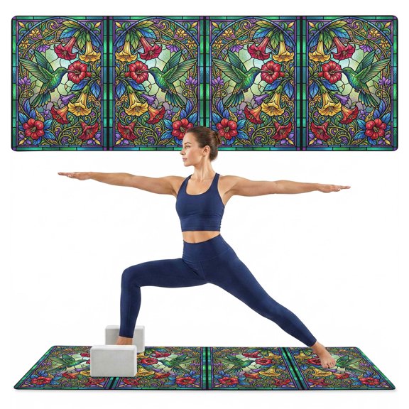 Yoga Mat Green Hummingbirds Yoga Mats with Strap & Shortage Bag Non Slip Workout Mats Absorbent Cushion Pad Shiny Stained Glass Flowers Exercise Mat for Yoga Pilates Stretching Home Gym 68"x24"