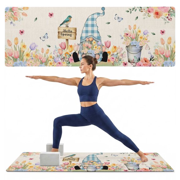 Yoga Mat Hello Spring Gnome Yoga Mats with Strap & Shortage Bag Non Slip Workout Mats Absorbent Cushion Pad Tulip Floral Bird Butterfly Exercise Mat for Yoga Pilates Stretching Home Gym 72"x24"