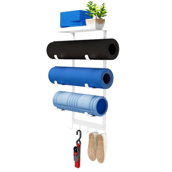 Yoga Mat Holder Wall Mount, Black Yoga Mats Storage Rack, Home Gym Storage with Metal Floating Shelf for Storing Fitness, Yoga Mat Rack with 5 Hooks for Hanging Foam Rollers and Resistance Bands