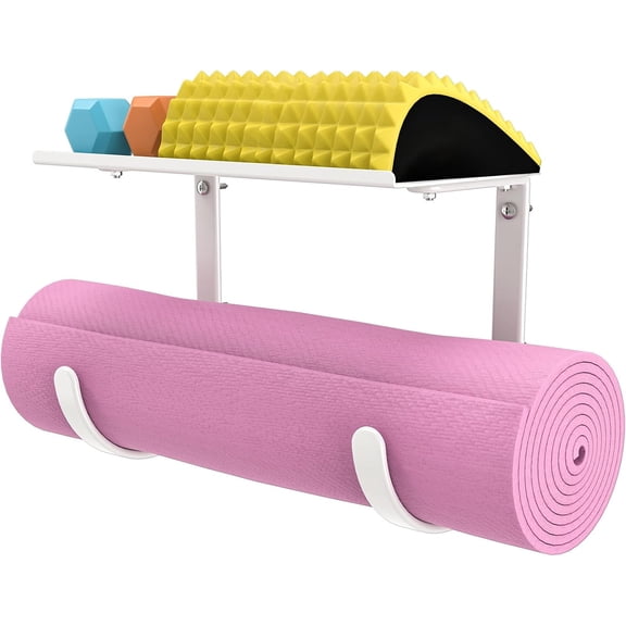 Yoga Mat Holder Wall Mount, No-Tie Storage, Exercise Storage Rack with Top Floating Shelf, Holding Blocks/Rollers and Pilates Mat, Workout Home Gym Equipment Accessories