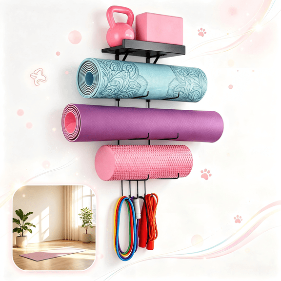 Yoga Mat Holder, Wall-Mounted 4-Tier Gym Storage Rack with Shelf and 5 Hooks for Home Gym Equipment, Black Steel, One Size