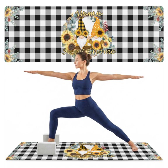 Yoga Mat Home Sweet Gnome Yoga Mats with Strap & Shortage Bag Non Slip Workout Mats Absorbent Cushion Pad Sunflower Leaves Black Plaid Exercise Mat for Yoga Pilates Stretching Home Gym 72"x32"