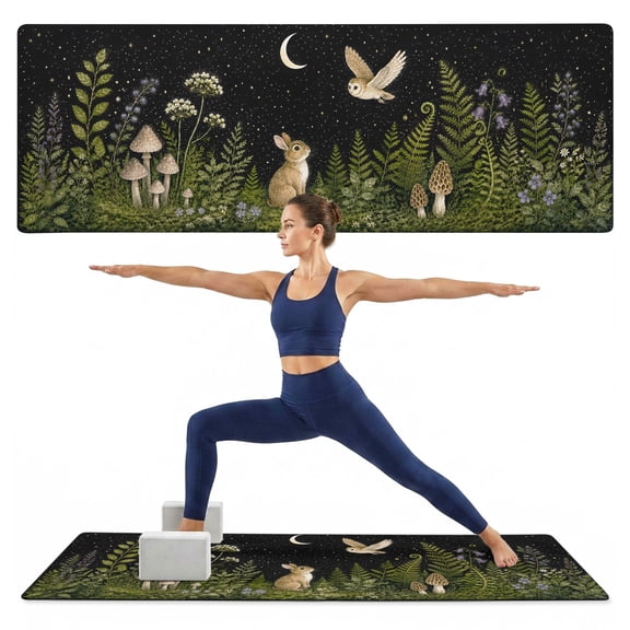 Yoga Mat Owl Bunny Yoga Mats with Strap & Shortage Bag Non Slip Workout Mats Absorbent Cushion Pad Moon Star Mushroom Fern Forest Animal Exercise Mat for Yoga Pilates Stretching Home Gym 72"x24"