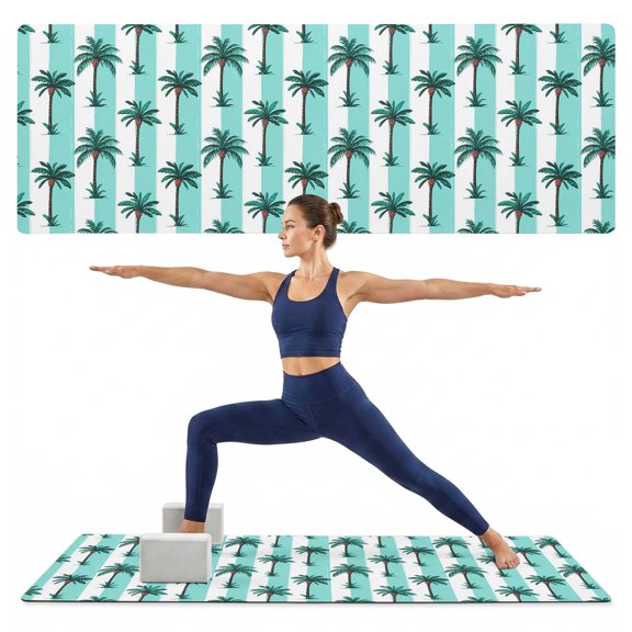 Yoga Mat Palm Trees Yoga Mats with Strap & Shortage Bag Non Slip Workout Mats Absorbent Cushion Pad Tropical Plant Turquoise Stripes Exercise Mat for Yoga Pilates Stretching Home Gym 72"x32"