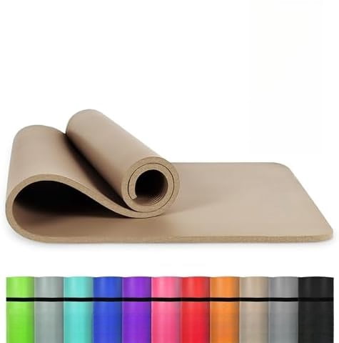 Yoga Mat Premium Non Slip Thick – Extra Comfortable Exercise Mat for Home Workouts, Pilates, Stretching & Gym – Cushioned NBR Foam, Gym Mat with Strap, for Women & Men Beige,74.5 x 24 x 0.6 in