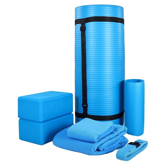 Yoga Mat Set 7 Piece – Extra Thick 1” Yoga Mat with Strap, Blocks & Towels