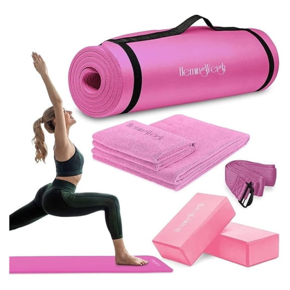 Yoga Mat Set for Beginners - 1/2 Inch Thick Non Slip Mat with Blocks & Strap - 72x23 Inch NBR Yoga Mat Kit with 2 Microfiber Towels - Home Workout Equipment