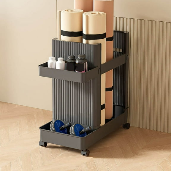 Yoga Mat Storage Basket 50x50cm - Multi-Tiered Sports Equipment Organizer for Home Gym, Foldable Plastic Rack for Dumbbells, Rackets & Gear, Black Storage Trolley with Non-Slip Feet