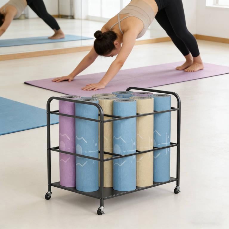 Yoga Mat Storage Basket with Wheels Iron Floor Stand Rack Holds 12 Yoga Mats Thickened Metal Structure Sturdy Durable Rounded Corner Safety Design Space Saving for Fitness Studio Home Gym