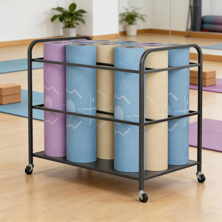 Yoga Mat Storage Cart Iron Workout Equipment Organizer Holds 12 Yoga Mats with Wheels Easy Move Thickened Metal Structure Long-Lasting Space Saving Keeps Workout Area Neat