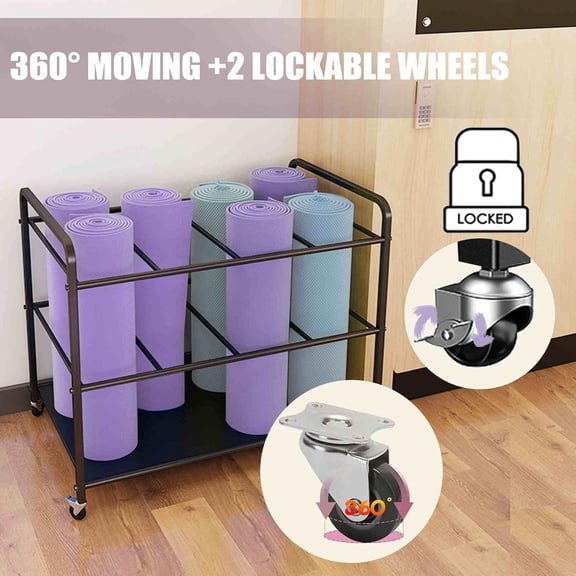 Yoga Mat Holder Storage Rack Basket+Wheels, Multi-Purpose Home Gym Workout Organizer for Dumbbells Kettlebells Resistance Bands Yoga Blocks Foam Roller