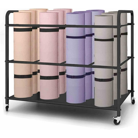 Yoga Mat Storage Rack Basket Workout Equipment Home Gym Storage Rack with Wheels Yoga Mat Holder Exercise & Fitness Organizer for Dumbbell Kettlebells Resistance Bands Yoga Blocks Foam Roller