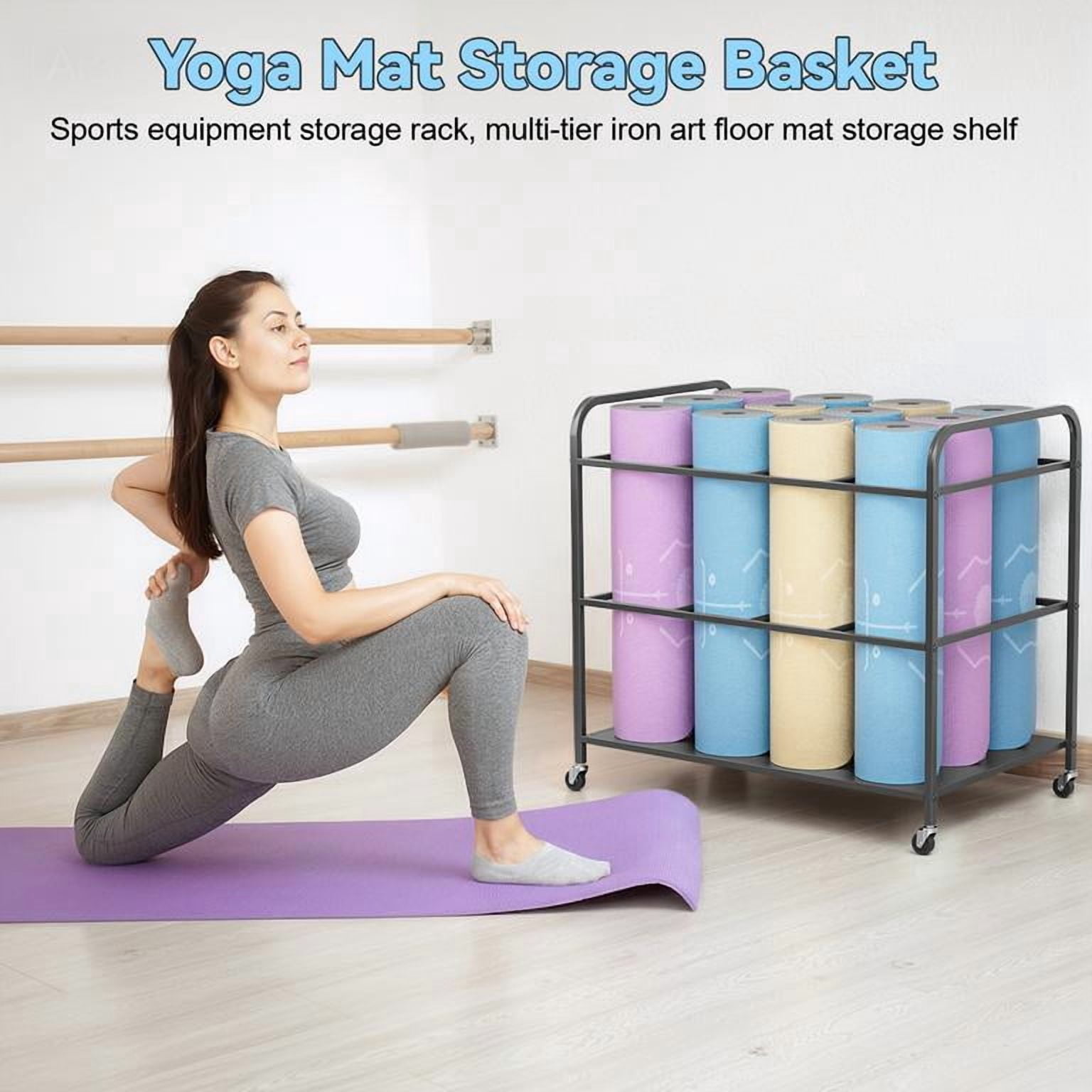 Yoga Mat Storage Rack with Wheels Iron Organizer Holds 12 Yoga Mats Thickened Metal Structure Durable Corrosion-Resistant 4 Smooth Rolling Wheels Easy Move Space Saving Keeps Workout Area Tidy