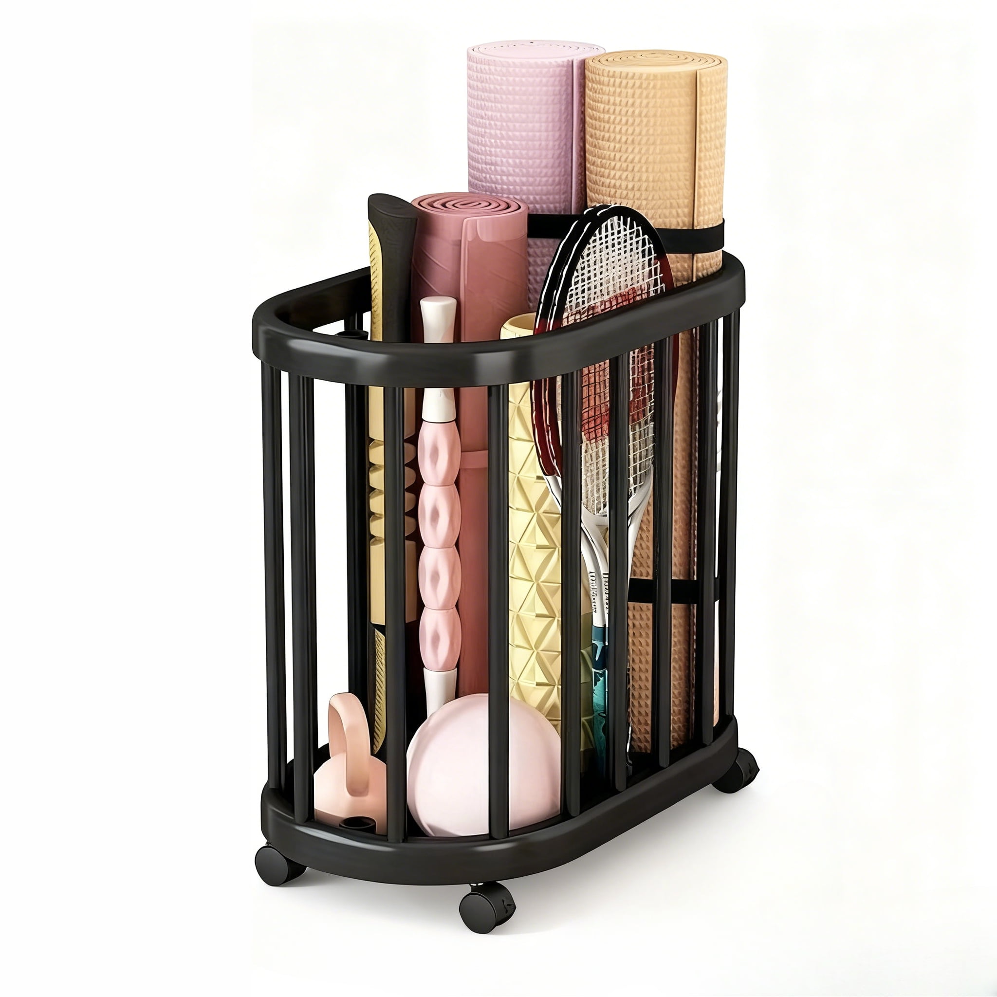 Yoga Mat Storage Racks, Sport Equipment Storage Cart, Yoga Mat Holder Storage Basket with Handle and Wheels, for Foam Roller Yoga Block Resistance Bands