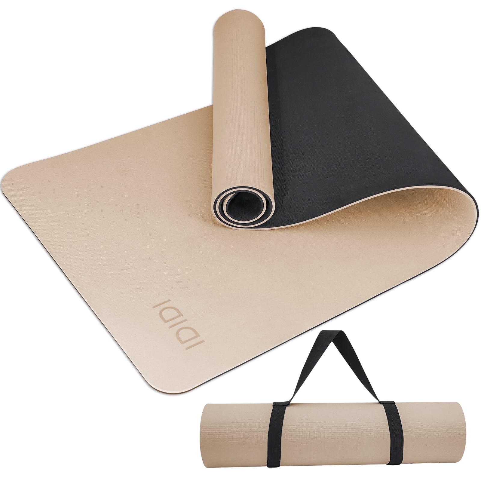 IDIDI Portable Yoga Mat – Travel-Friendly with Strap, 1/3 Inch Thick & Non-Slip – for Home Gym, Workout & Hot Yoga – Exercise Mat for Men, Women & Kids(Beige+Black)